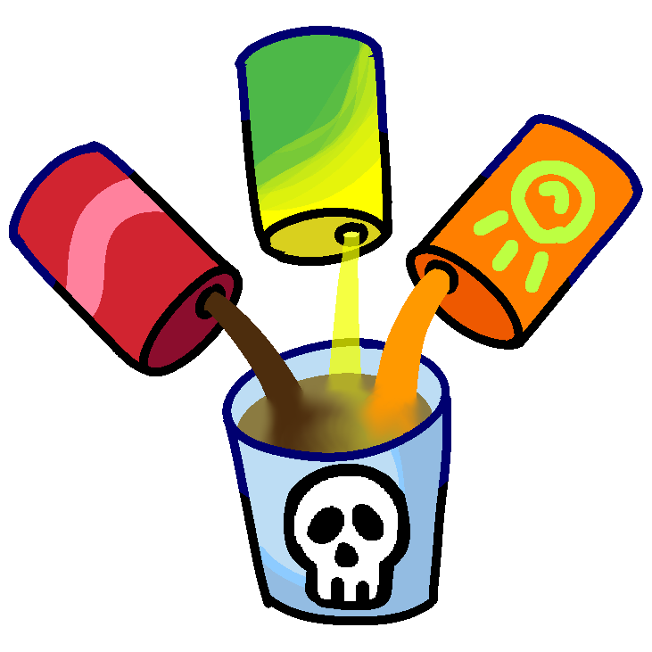 a light blue paper cup with three cans of sods being poured into it. one is red, one is green and yellow and one is orange with the toki pona symbol on it in green. the cup has a skull symbol on it and the liquid is an unappetizing brownish color. the whole symbol has a white outline